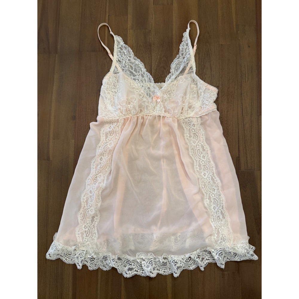 In Bloom by Jonquil Peach‎ Lace Trim Sheer Babydoll Chemise Lingerie Medium